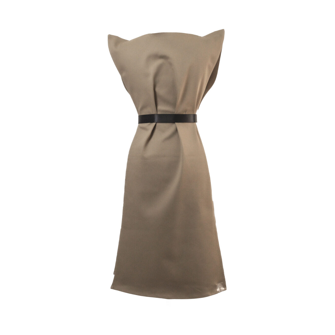 Futuristic High Shoulder Soft Touch Twill Dress with Adjustable Belt in Beije