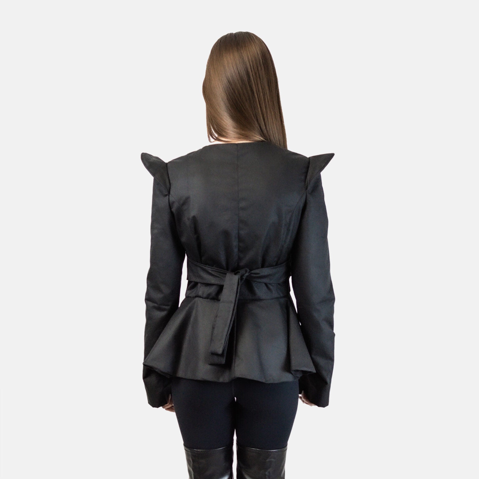 Futuristic Wet Waxed Cotton Jacket with Plepum & Adjustable Waistline in Black
