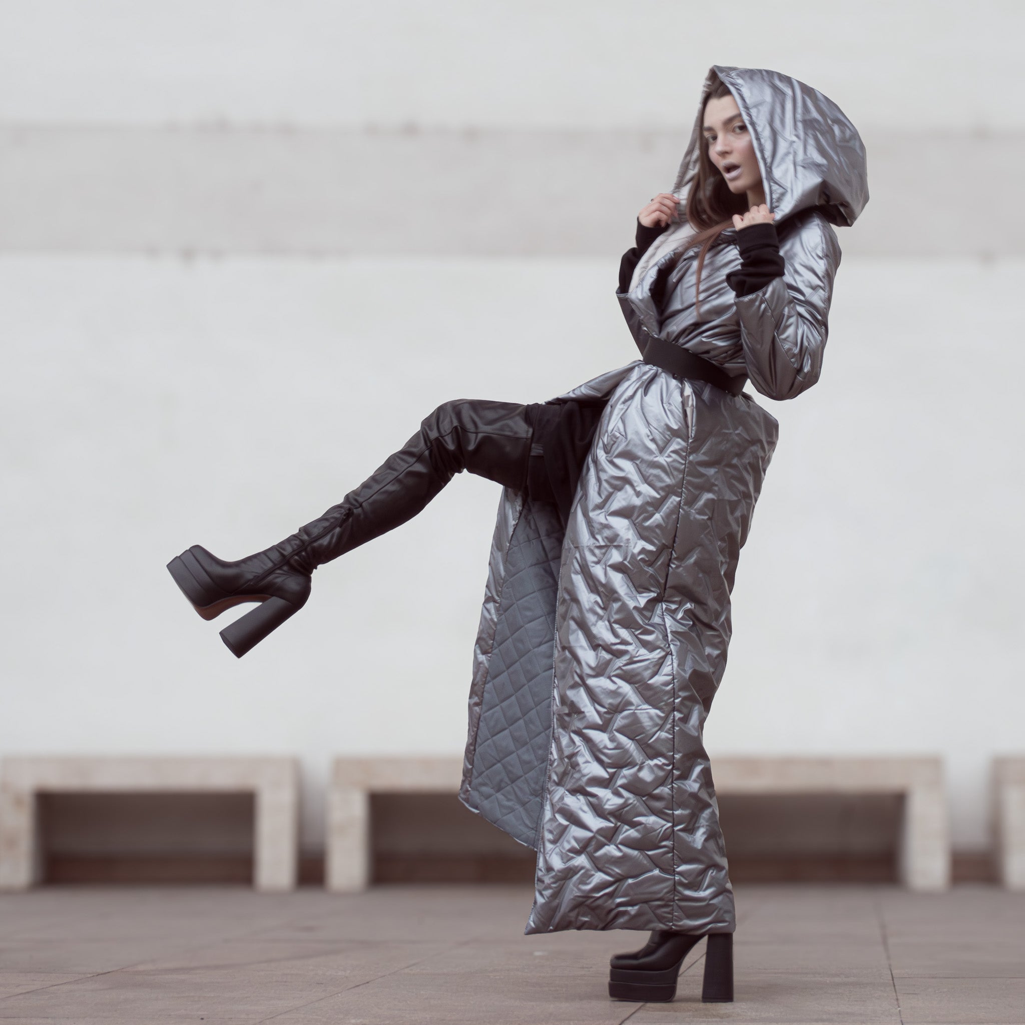 Water and Wind Resistant Puffer with Changeable Sleeves and Adjustable Fit in Silver