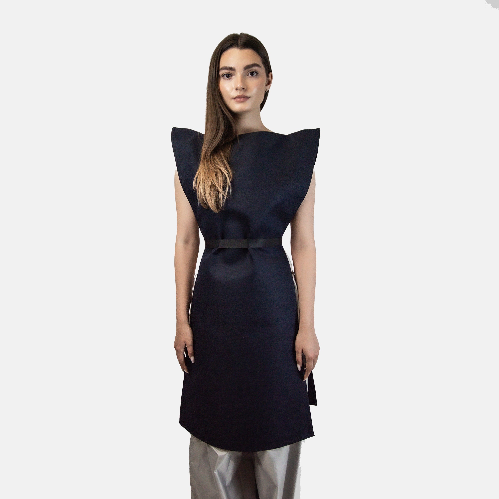 Futuristic High Shoulder Soft Touch Twill Dress with Adjustable Belt in Beije