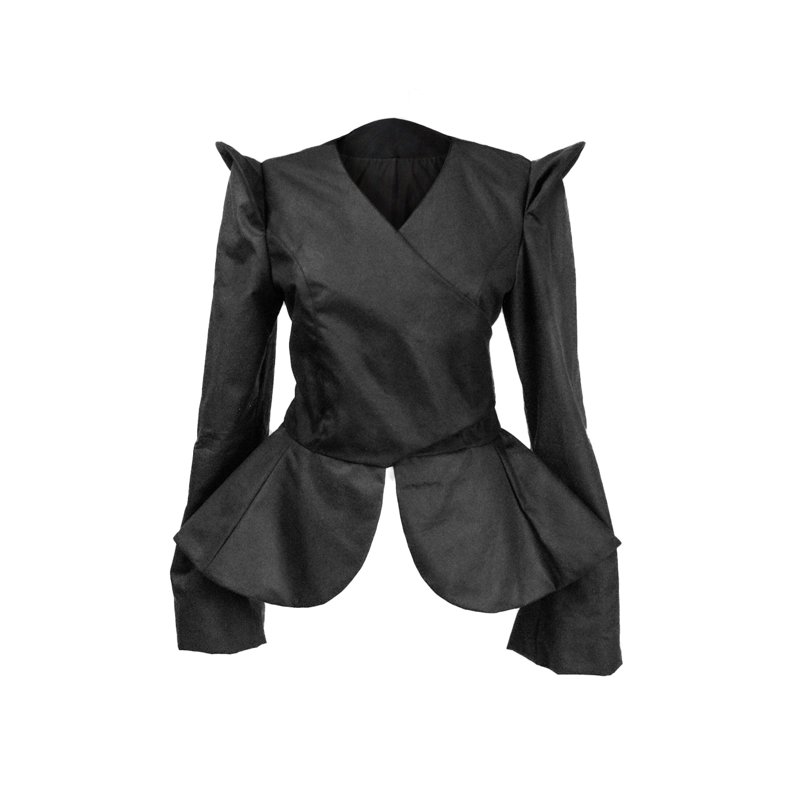 Futuristic Wet Waxed Cotton Jacket with Plepum & Adjustable Waistline in Black