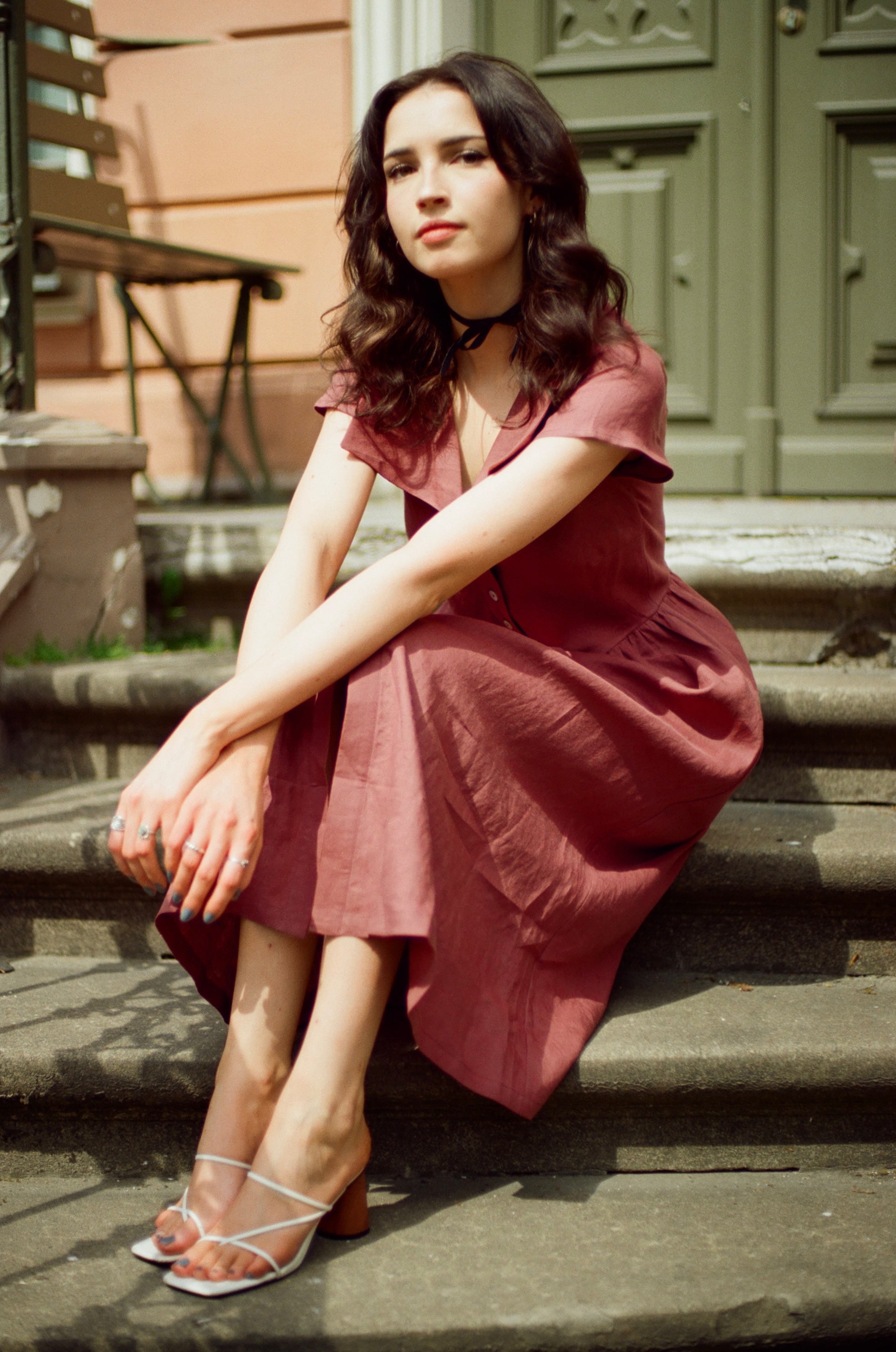 Helena Dress / 100% Linen in Plum with Shell Buttons