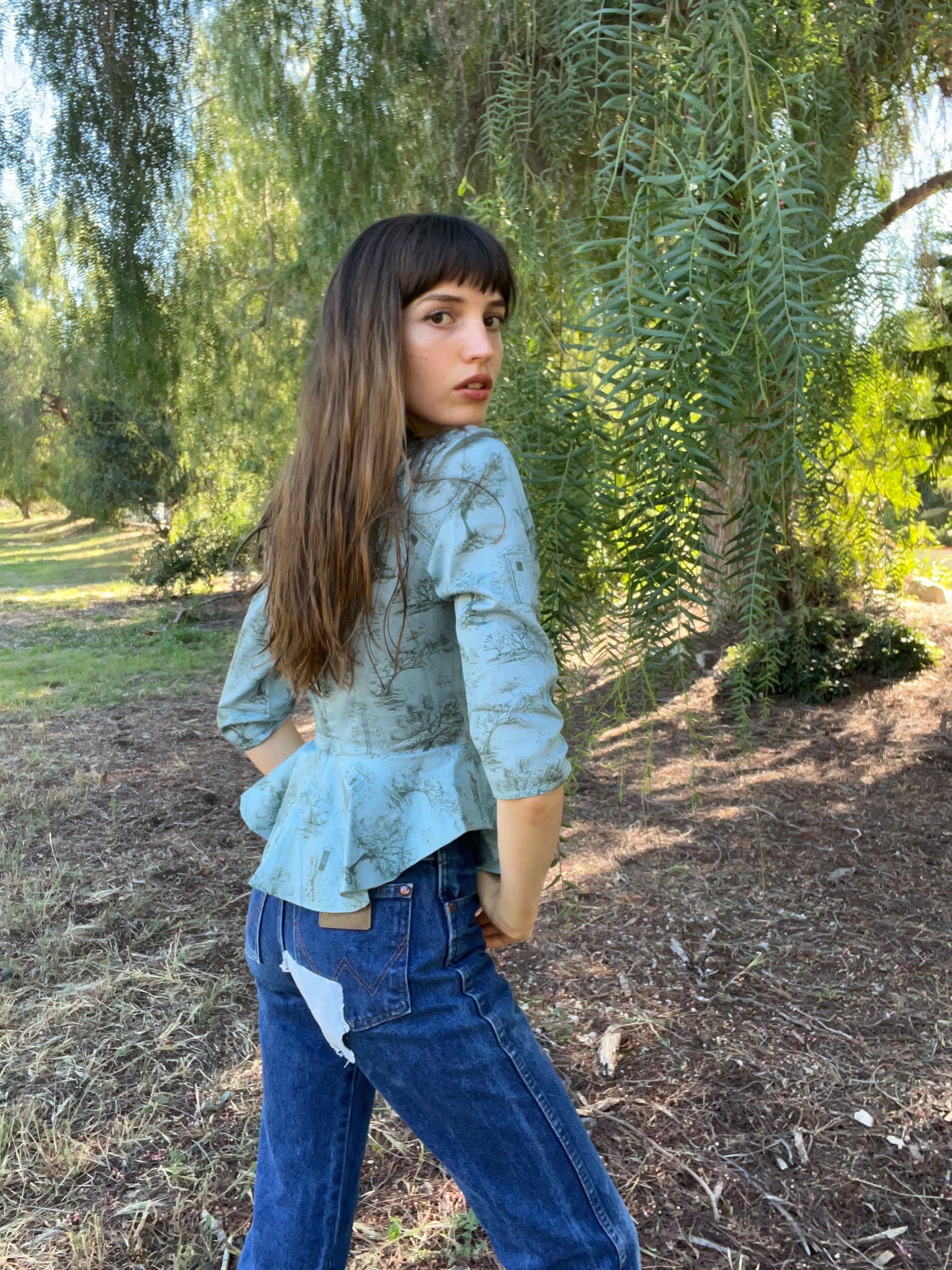 Mari Top / Cottage Blue + Pewter Green Toile Cotton