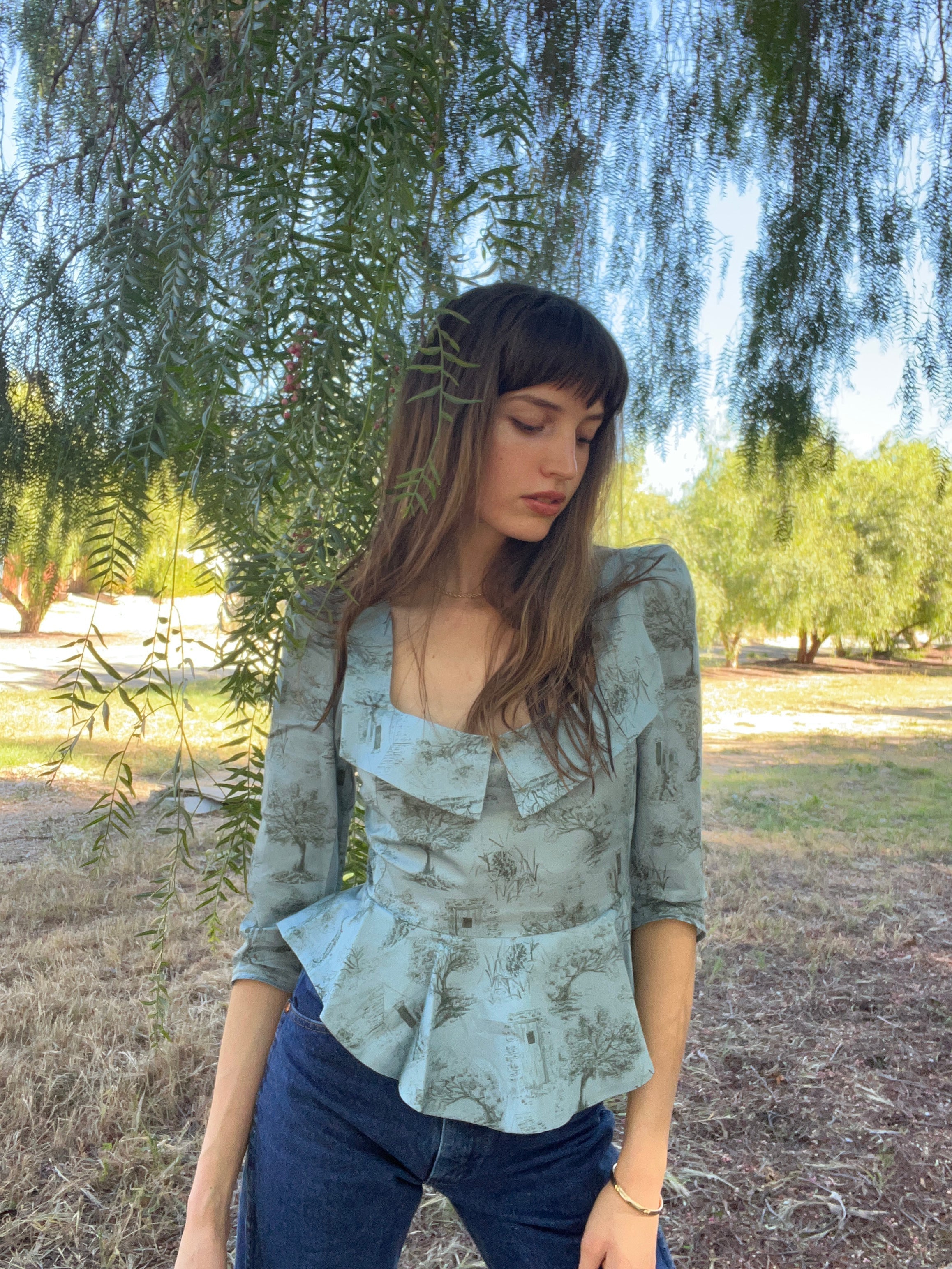 Mari Top / Cottage Blue + Pewter Green Toile Cotton