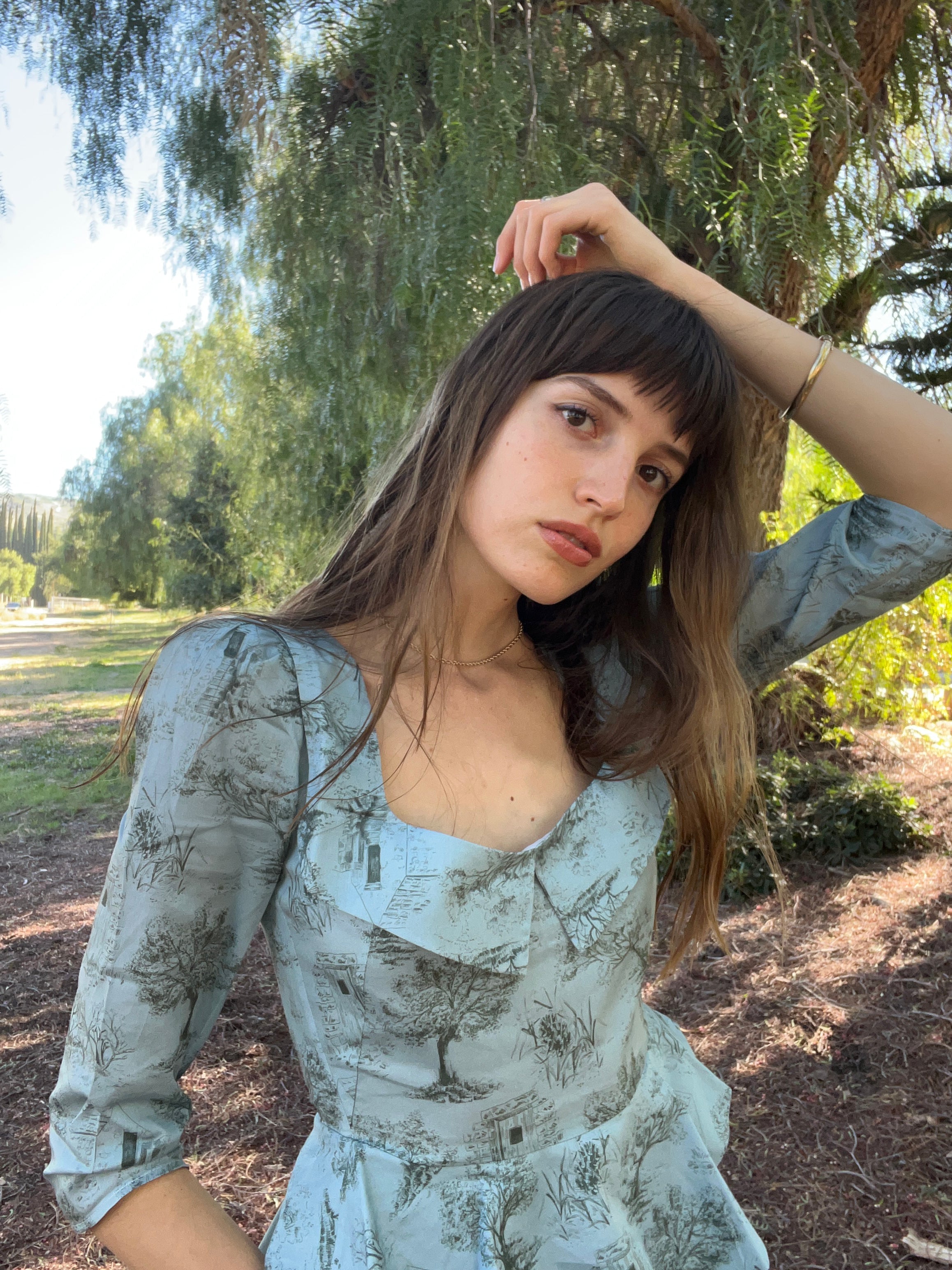 Mari Top / Cottage Blue + Pewter Green Toile Cotton
