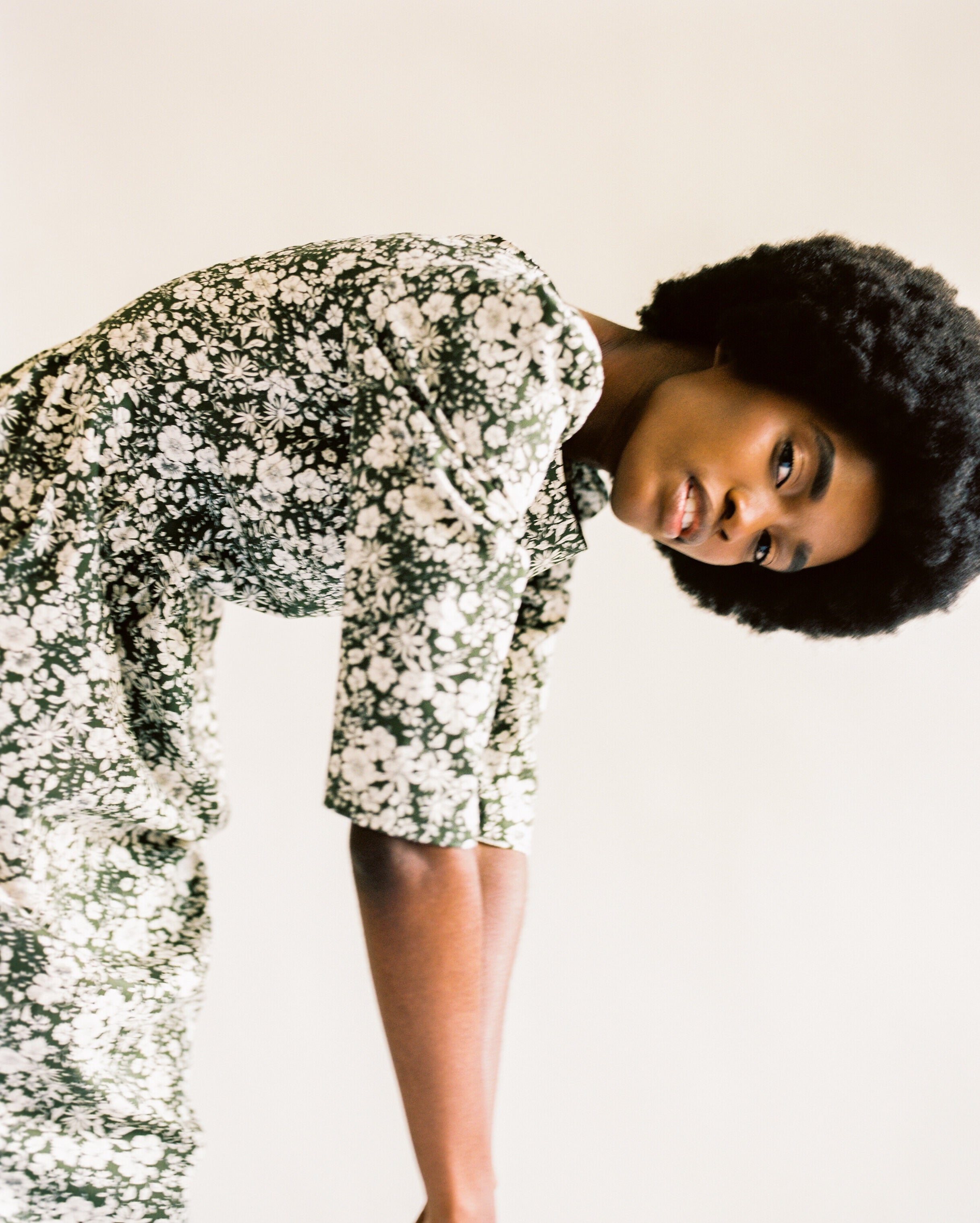 Anais Bateau Neck Dress with Corset Seam Details / Forest Green and Milky White Floral Cotton
