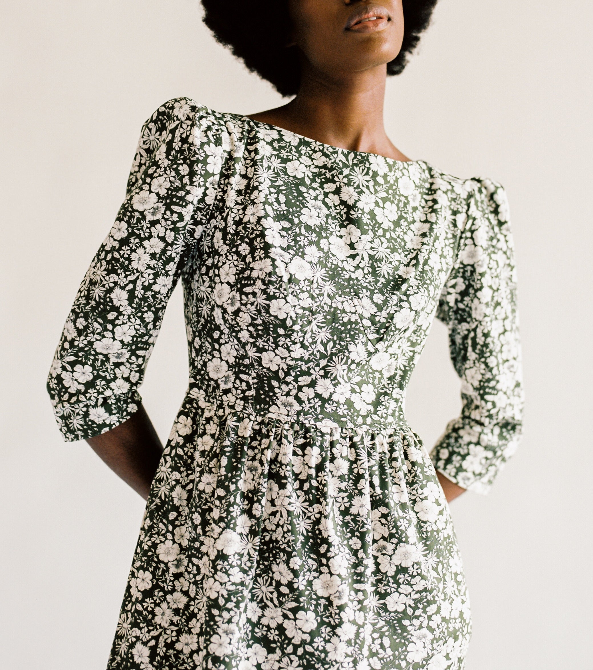 Anais Bateau Neck Dress with Corset Seam Details / Forest Green and Milky White Floral Cotton