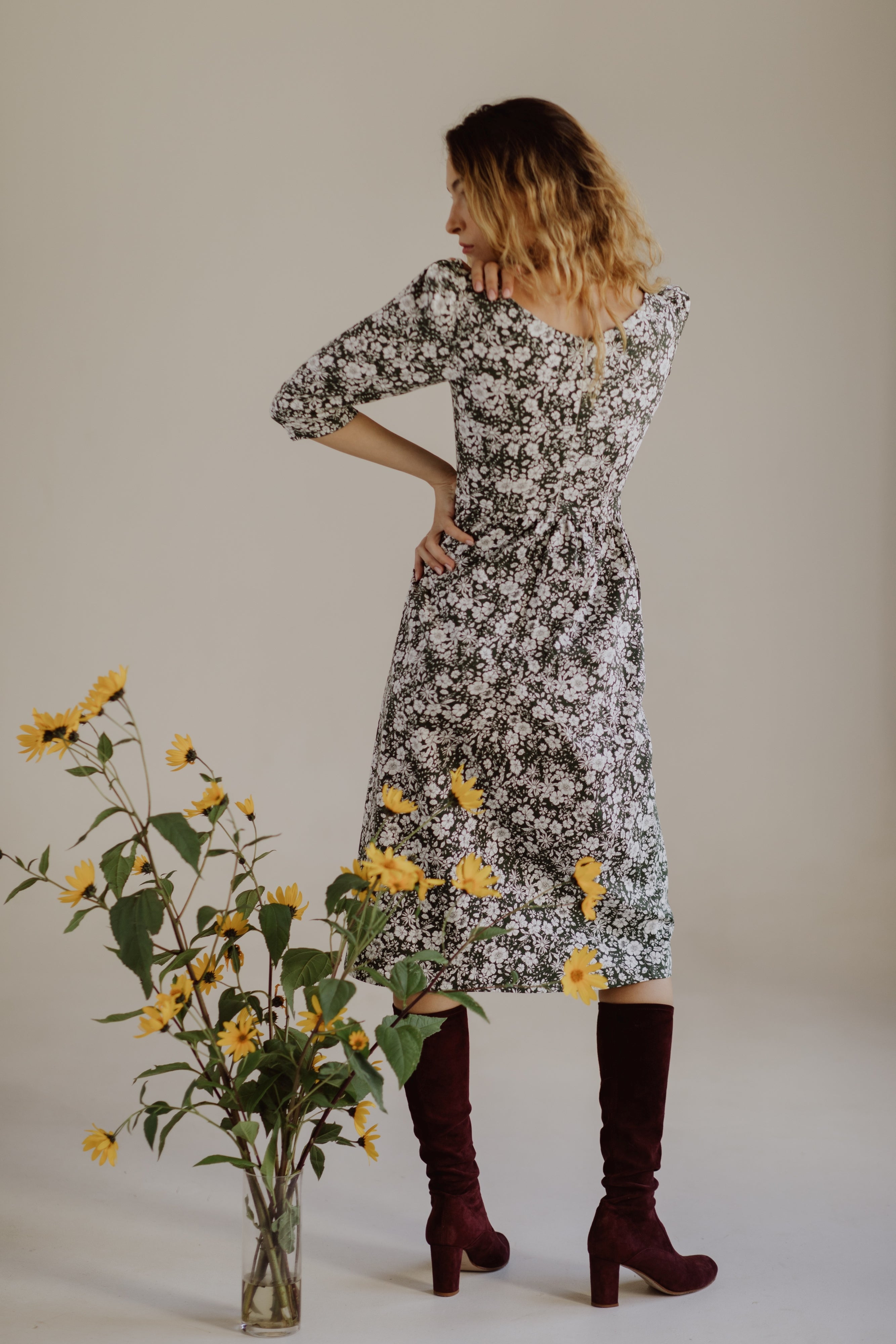 Anais Bateau Neck Dress with Corset Seam Details / Forest Green and Milky White Floral Cotton