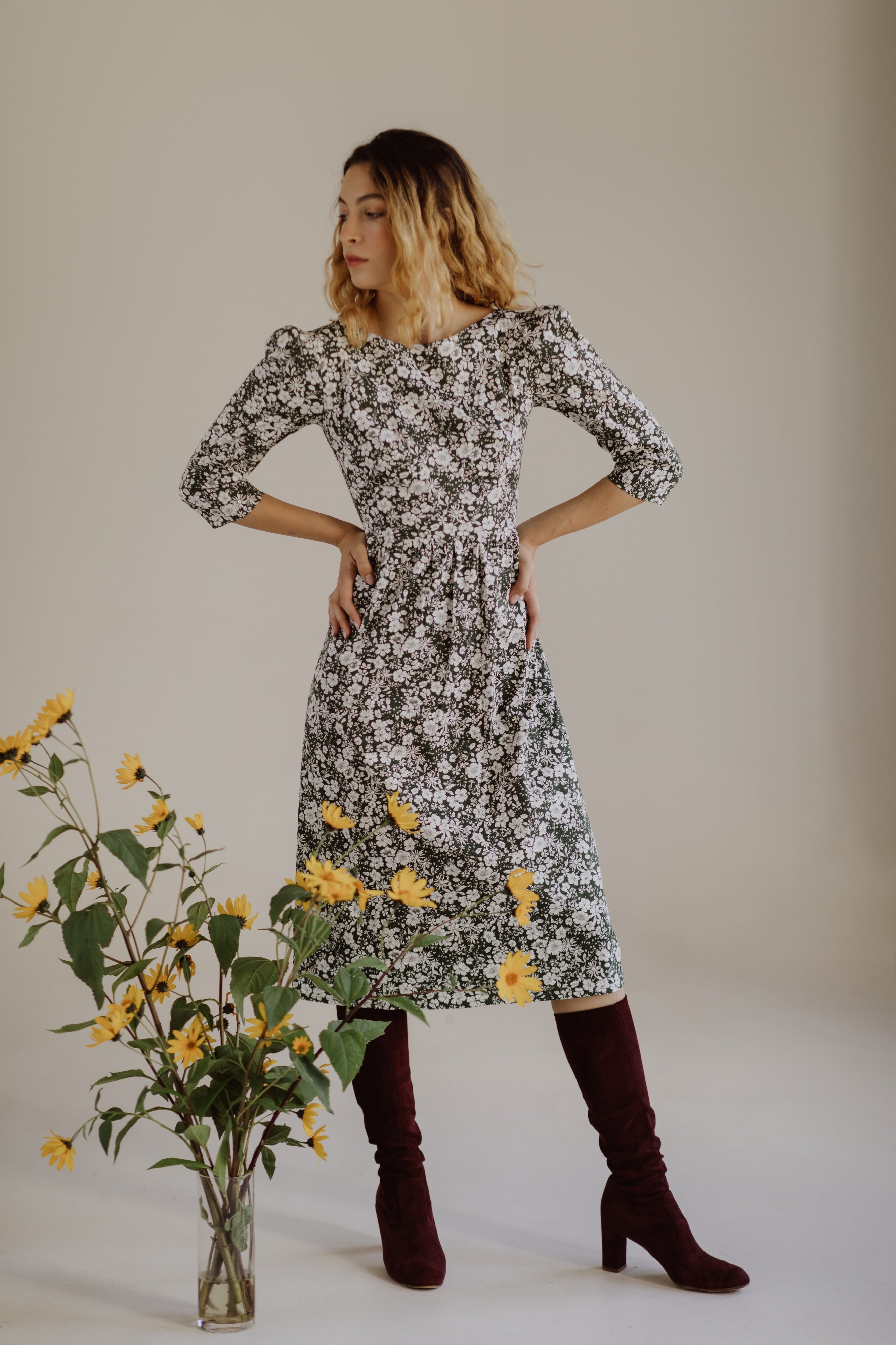 Anais Bateau Neck Dress with Corset Seam Details / Forest Green and Milky White Floral Cotton