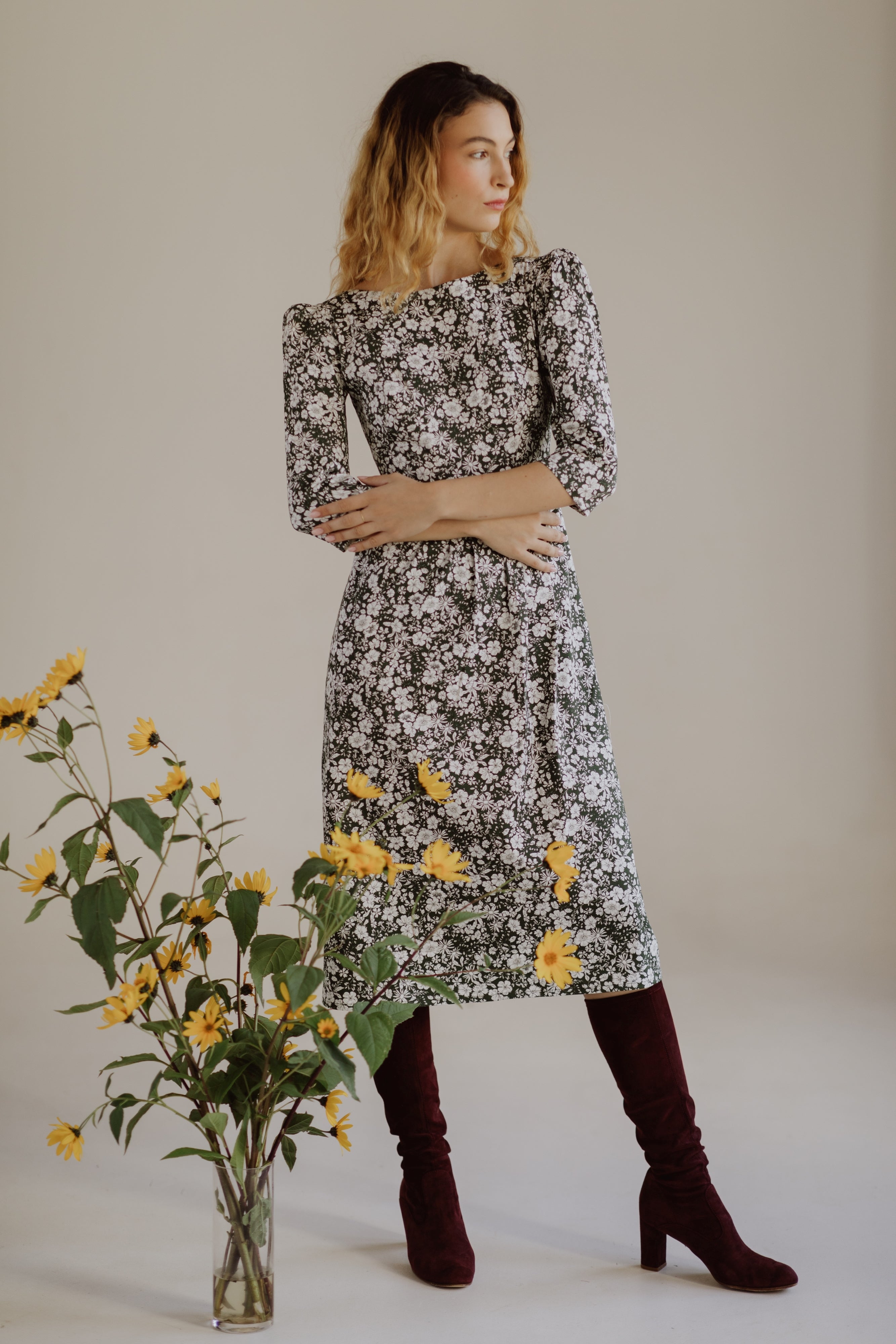 Anais Bateau Neck Dress with Corset Seam Details / Forest Green and Milky White Floral Cotton