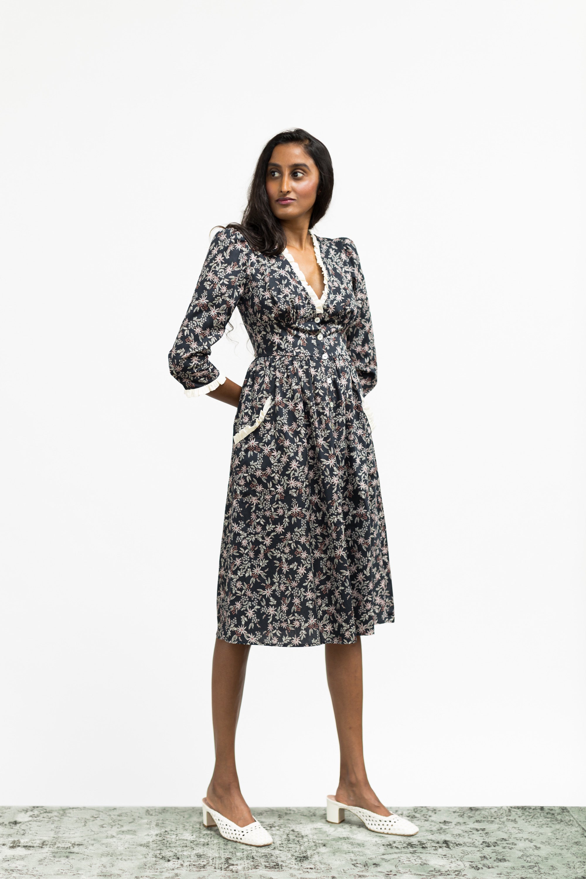 Antonia Dress / Black Floral Cotton