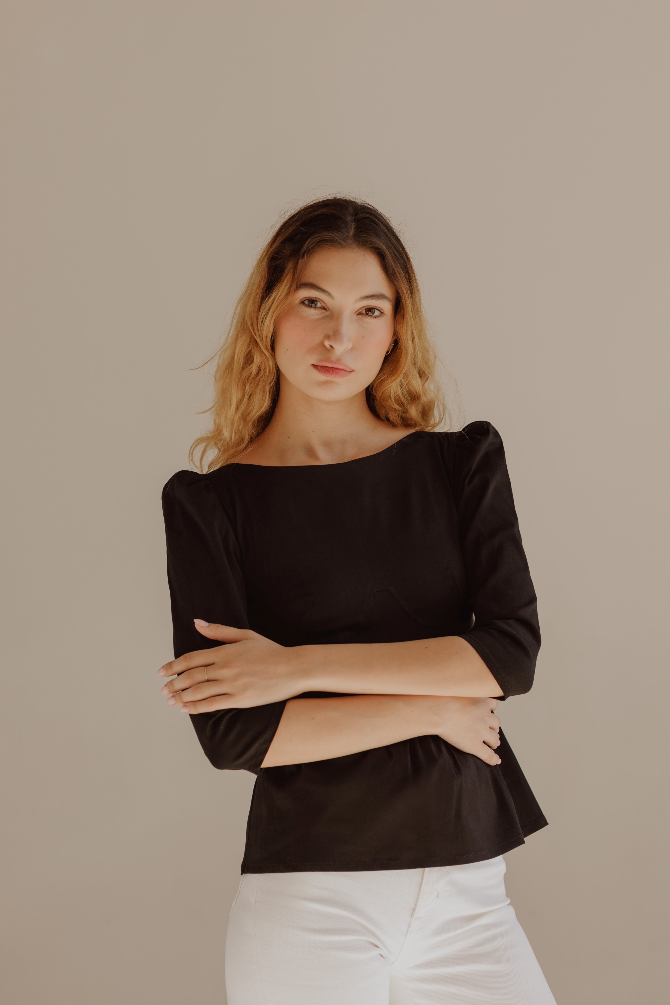 Hannah Bateau Neck Top with Corset Seam Details / Black Cotton
