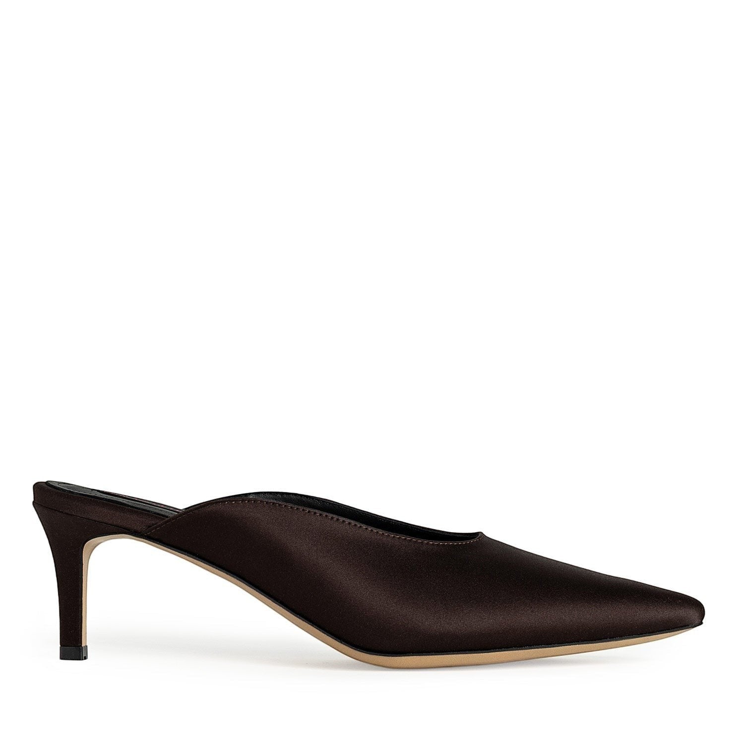 Ce Fain! Liquid Amber espresso brown silk satin mules with a 5cm kitten heel and pointed toe silhouette.