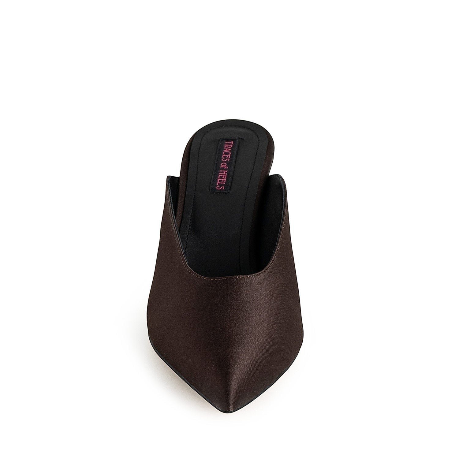 Ce Fain! Liquid Amber espresso brown satin mules with a pointed toe and 5cm heel, featuring a leather lining.