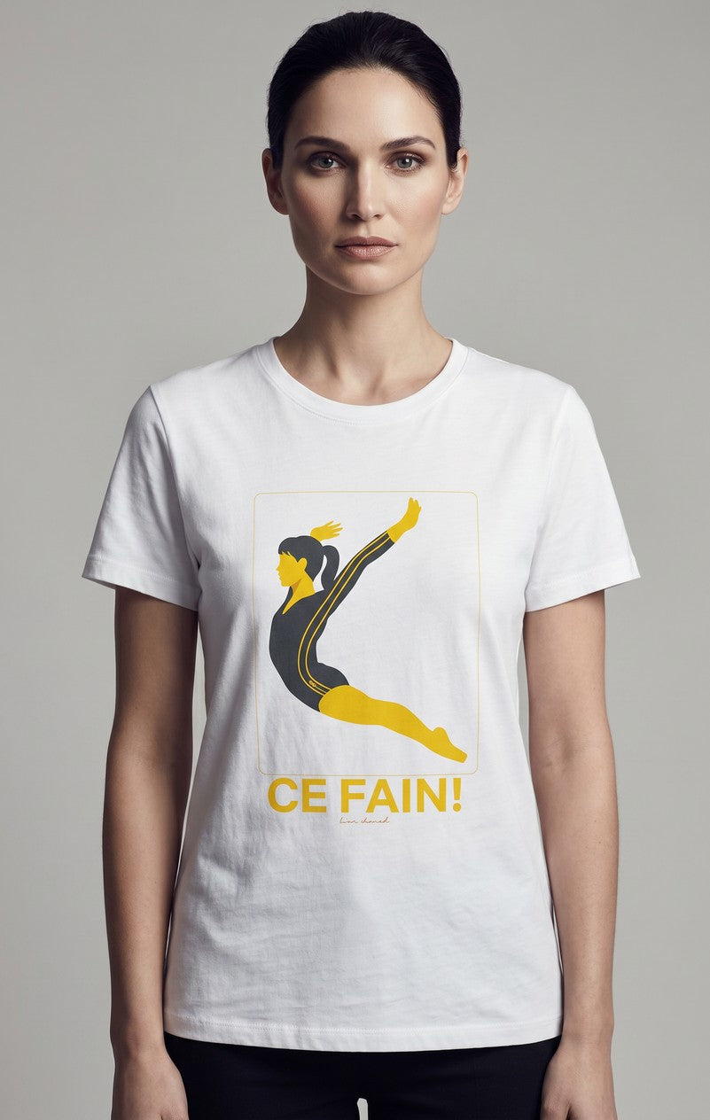 Ce Fain! Nadia Tshirt in white cotton featuring a yellow and grey graphic of a gymnast in motion.