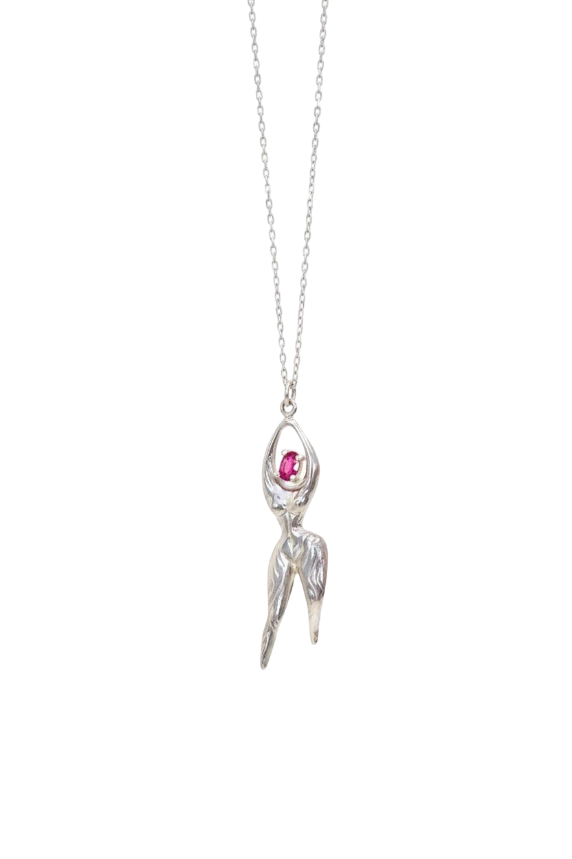 Ce Fain! Vesta sterling silver pendant necklace featuring a stylized goddess figure with a vibrant red center stone.