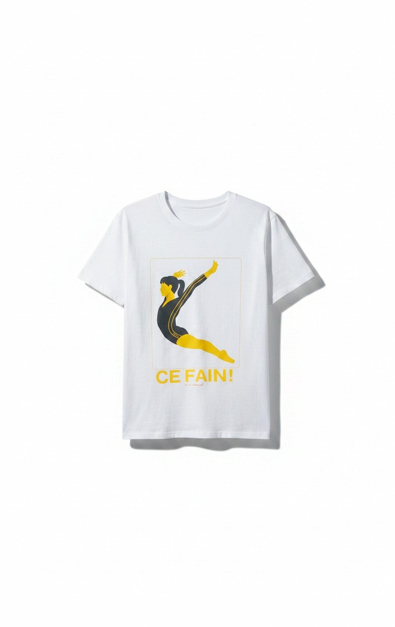 Ce Fain! white heavyweight cotton unisex t-shirt featuring a screen-printed graphic of a gymnast in motion.