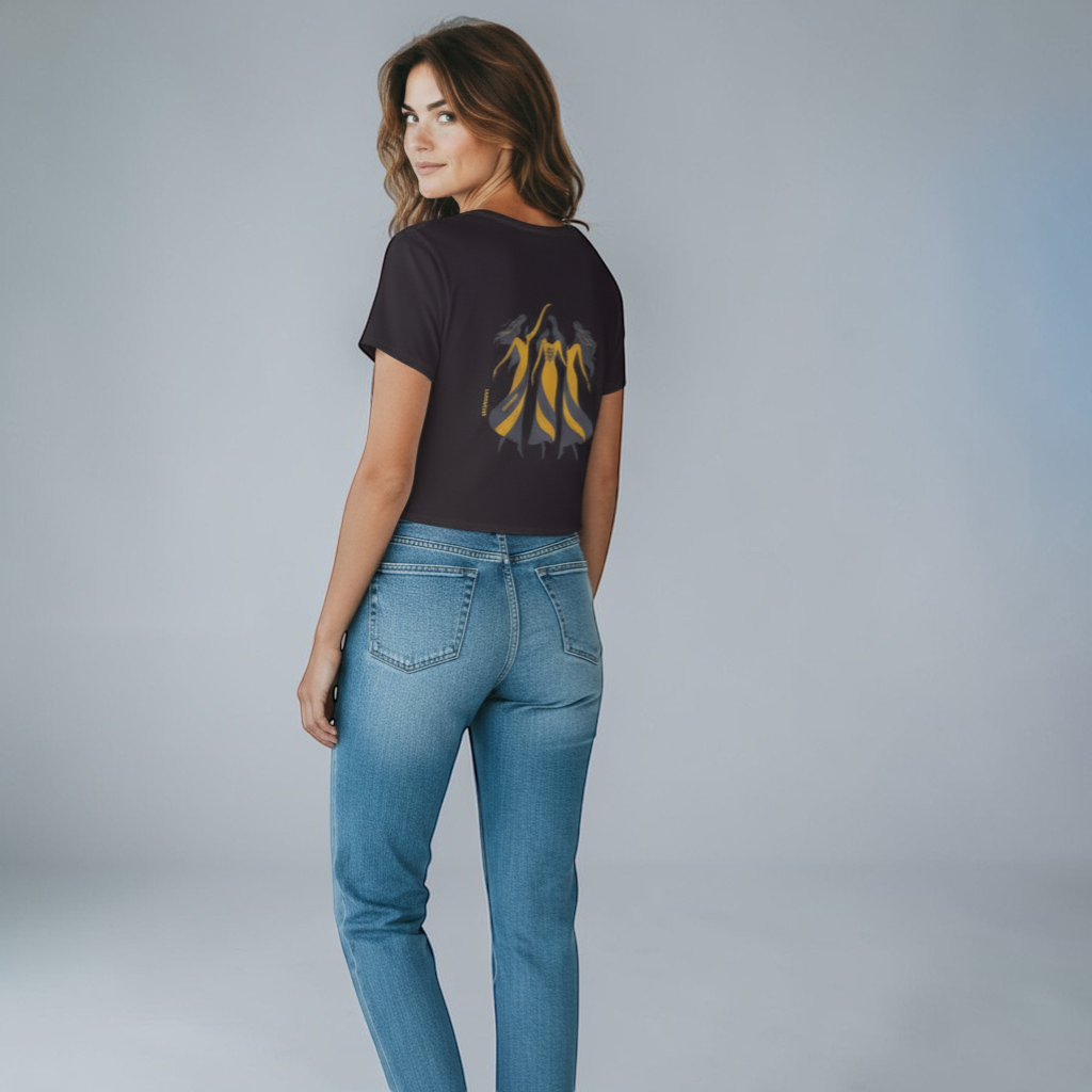 Ce Fain! Women's dark grey polyester-cotton blend crop top with scoop neck and raw hems, featuring a graphic print of dancing figures on the back.