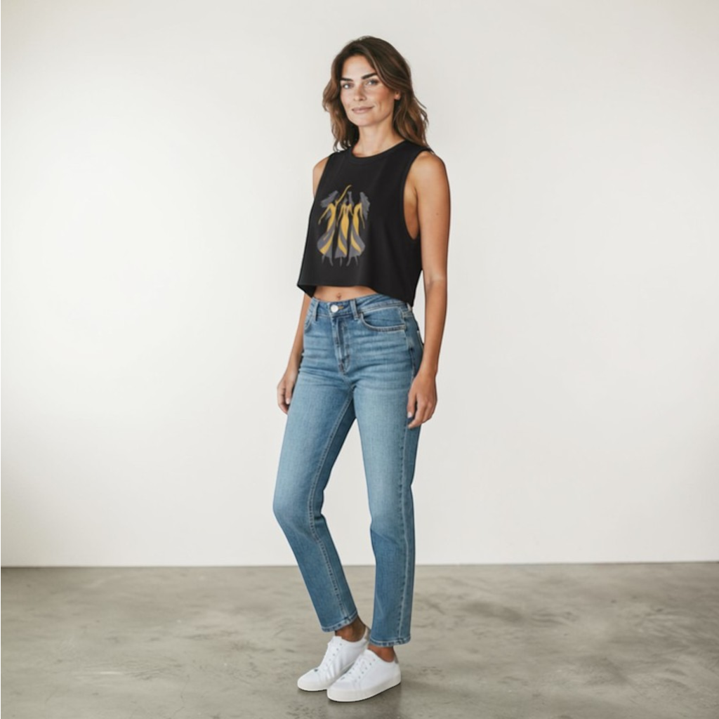 Ce Fain! Women's black cropped tank top with a minimalist trio dancer graphic in muted gold and slate. Made from a soft cotton-polyester blend.