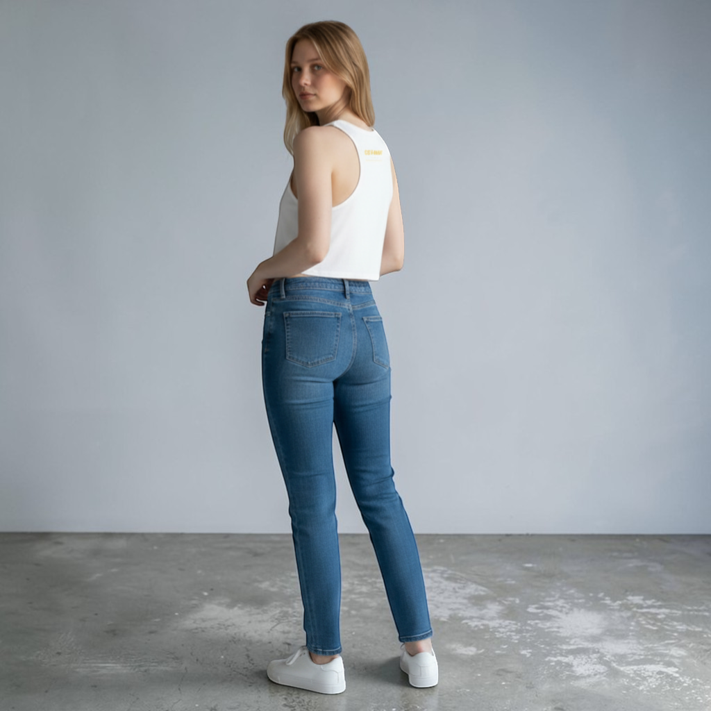 Ce Fain! women's white cropped tank top made of cotton and polyester blend with raw sleeve edges and yellow text on back.