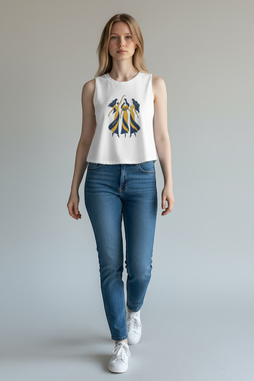 Ce Fain! white cropped tank top with raw sleeves, featuring a graphic of three women in yellow and navy dresses.