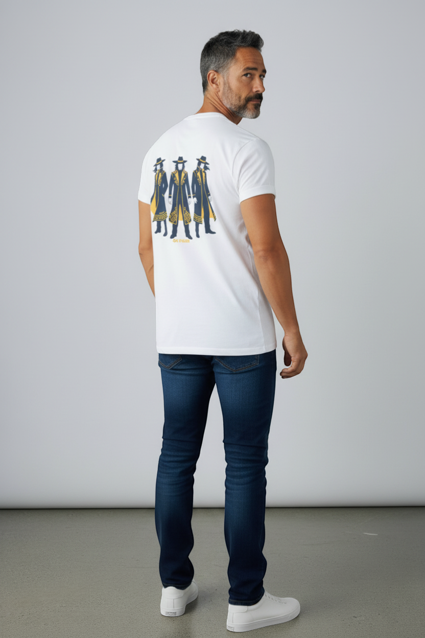 Ce Fain! white organic cotton t-shirt with a graphic of three figures in dark blue coats and yellow accents.
